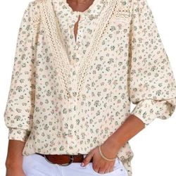 NEW! Lace Floral Shirt Long Sleeve Crew Neck Button Down Boho Blouse, Pink, Medium