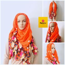 Hot coral scarf 🧣 printed crinkle hijab wrap scarf