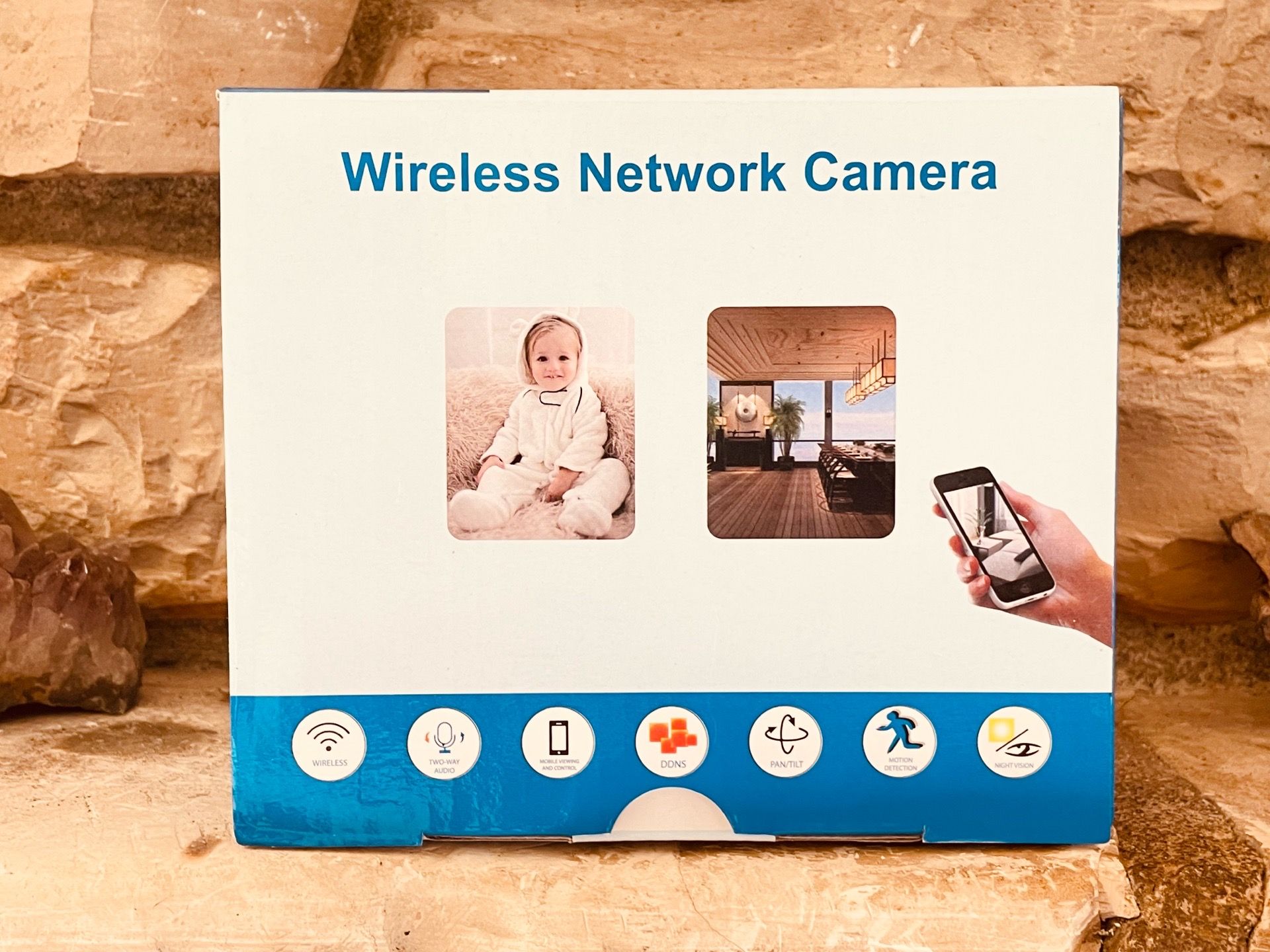 $20-Wireless Network Camera, featuring two-way audio, motion detection, and pan/tilt capabilities.