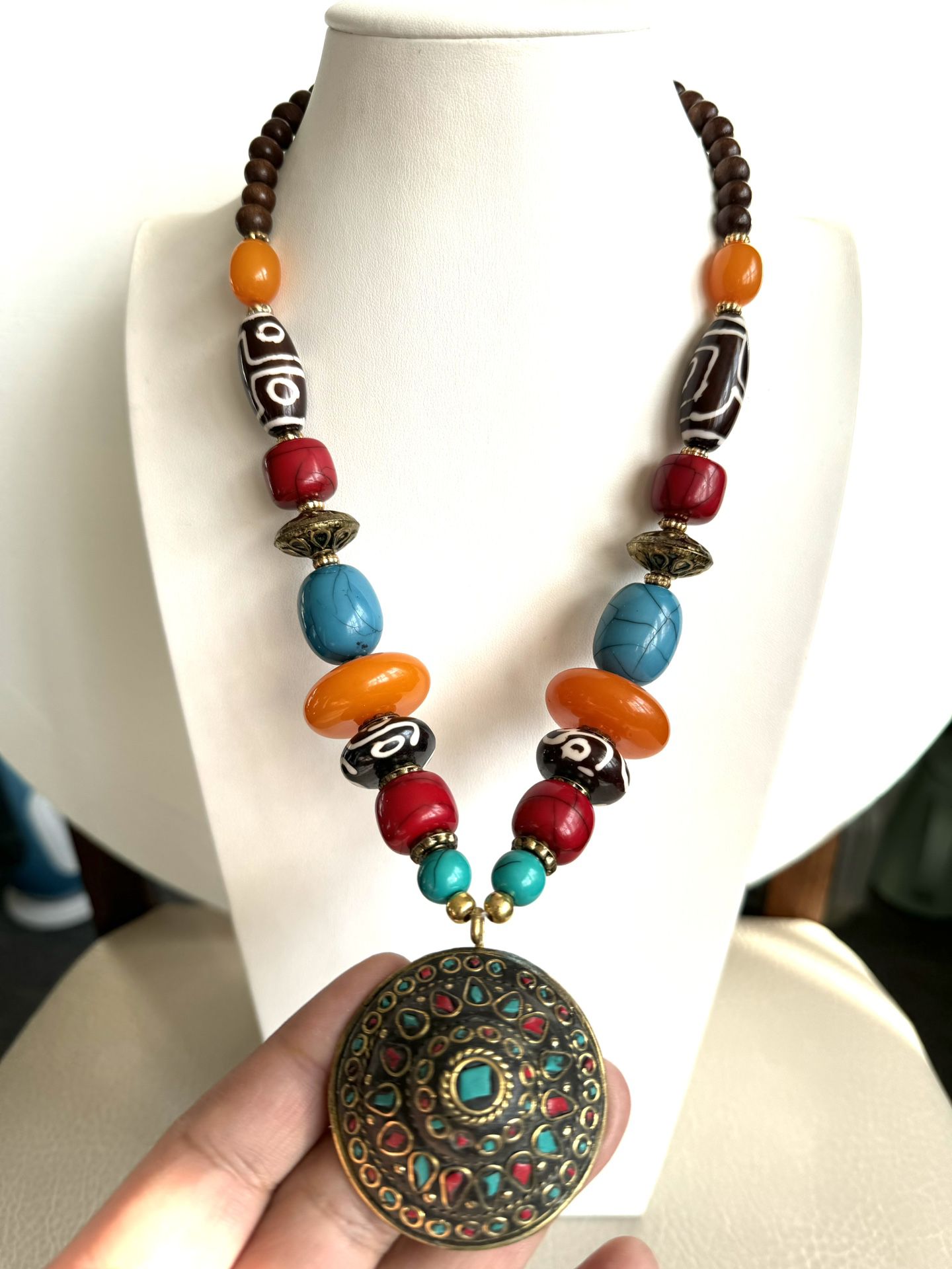 Vintage Tibetan handmade necklace with pendant inlaid with coral and turquoise 23”inch