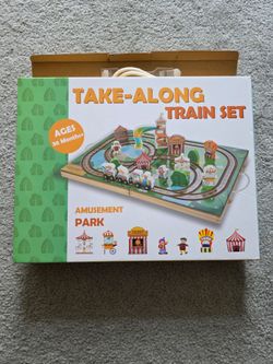 Take along train set, wooden toys, Amusement park.
As new wooden playset