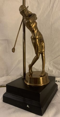 The Phoenix Collection Tall Brass Golfer Statue Lamp with biege Shade and Brass Finial; Used Vintage