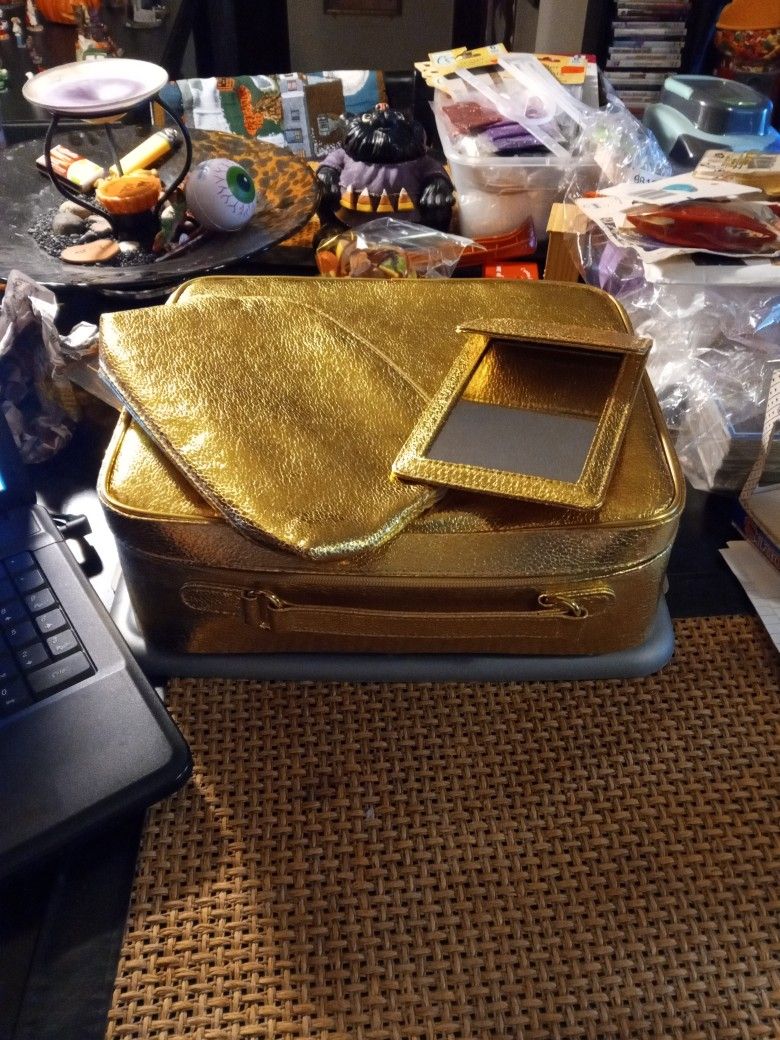 Vintage Estee Lauder Gold Soft Train Case W/Matching Mirror, Make Up Bag