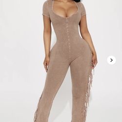 Carry Me Higher Fringe Jumpsuit - Mocha