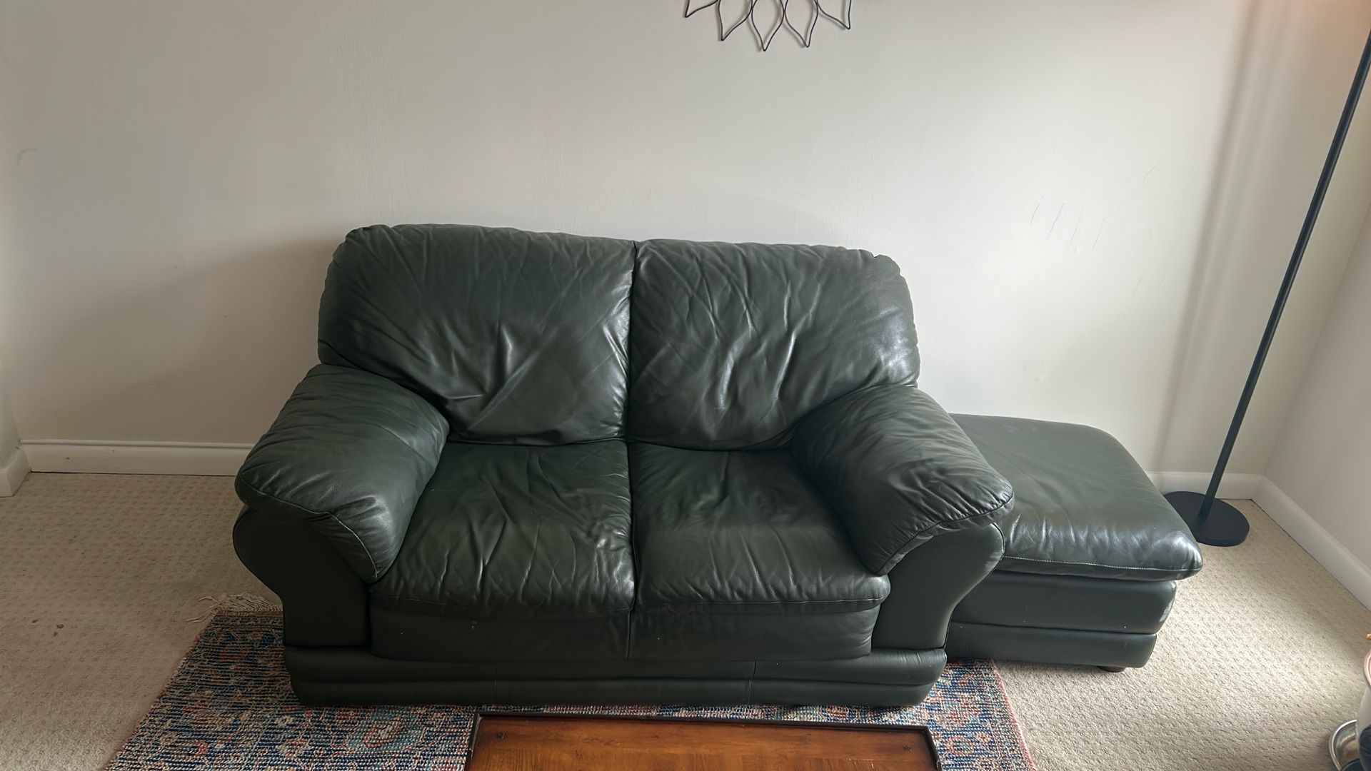 Green Leather Sofa Set – Loveseats + Chair + Matching Ottomans – Gently Used, Great Condition!