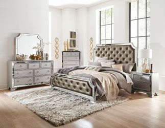 Brand new gray mirrored queen bed frame + dresser + mirror + nightstand