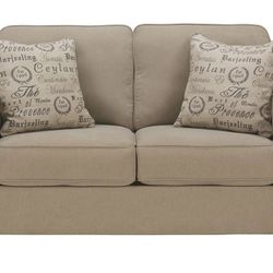 Signature Design by Ashley Alenya Upholstered Loveseat with 2 Script Printed Accent Pillows, Quartz