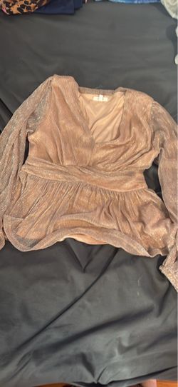 Rose Gold Metallic Shimmer Long Sleeve Peplum Blouse