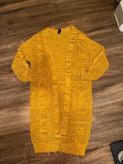 Agnes & Dora Mustard Yellow Open-Front Long Knit Cardigan