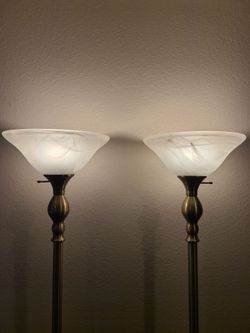Antique Brass Floor Lamps With Marblized Glass - Matching Set