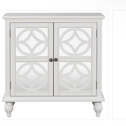 White Wood Storage Cabinet with Mirrored Doors and Adjustable Shelf