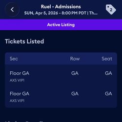 2 VIP Tickets To Ruel 