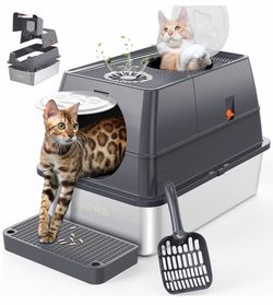 135° Flip-Top Stainless Steel Litter Box with Lid,