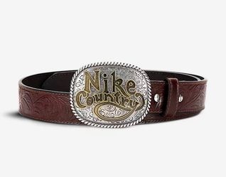 New Size Large NIKE COUNTRY Men’s Brown Leather Embossed Buckle Belt L 38-40