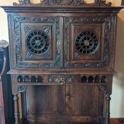 Antique French Breton Buffet/Cabinet Carved Dark Oak Brittany 19thC