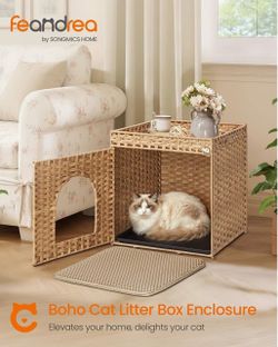 Cat Litter Box Enclosure, Handwoven Rattan End Table, Extra Mat Hidden Litter Box Furniture, Removable Washable Tray, Boho Cat House, Goose Yellow, EL