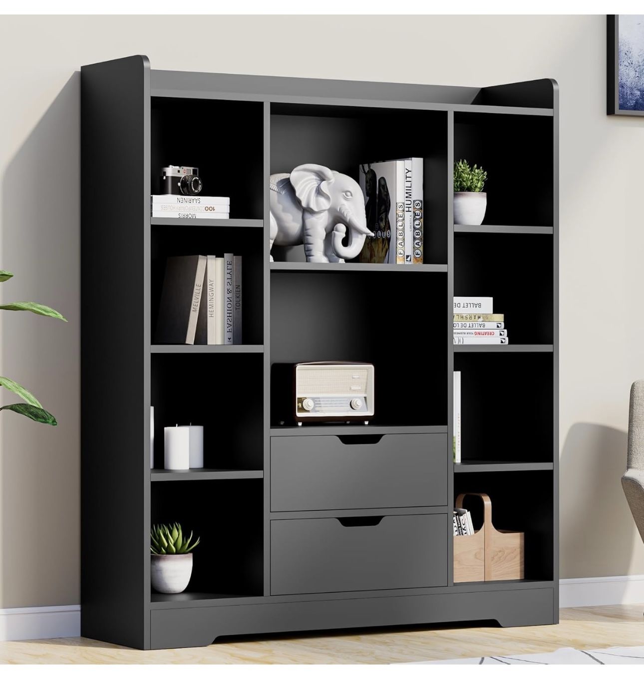 Kids Bookshelf with Storage, Toy Storage Organizer with 2 Drawers and 10 Cubes 4-Tier Bookcase for Bedroom, Playroom, Hallway, Living Room(B