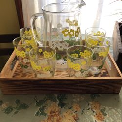 Vintage Glass Pitcher ,& 6 Glasses