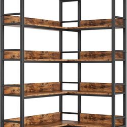 Industrial Bookshelves 5 Tiers Corner Bookcases with Baffles Etagere Shelf Storage Rack with Metal Frame(small damage)(new in box)