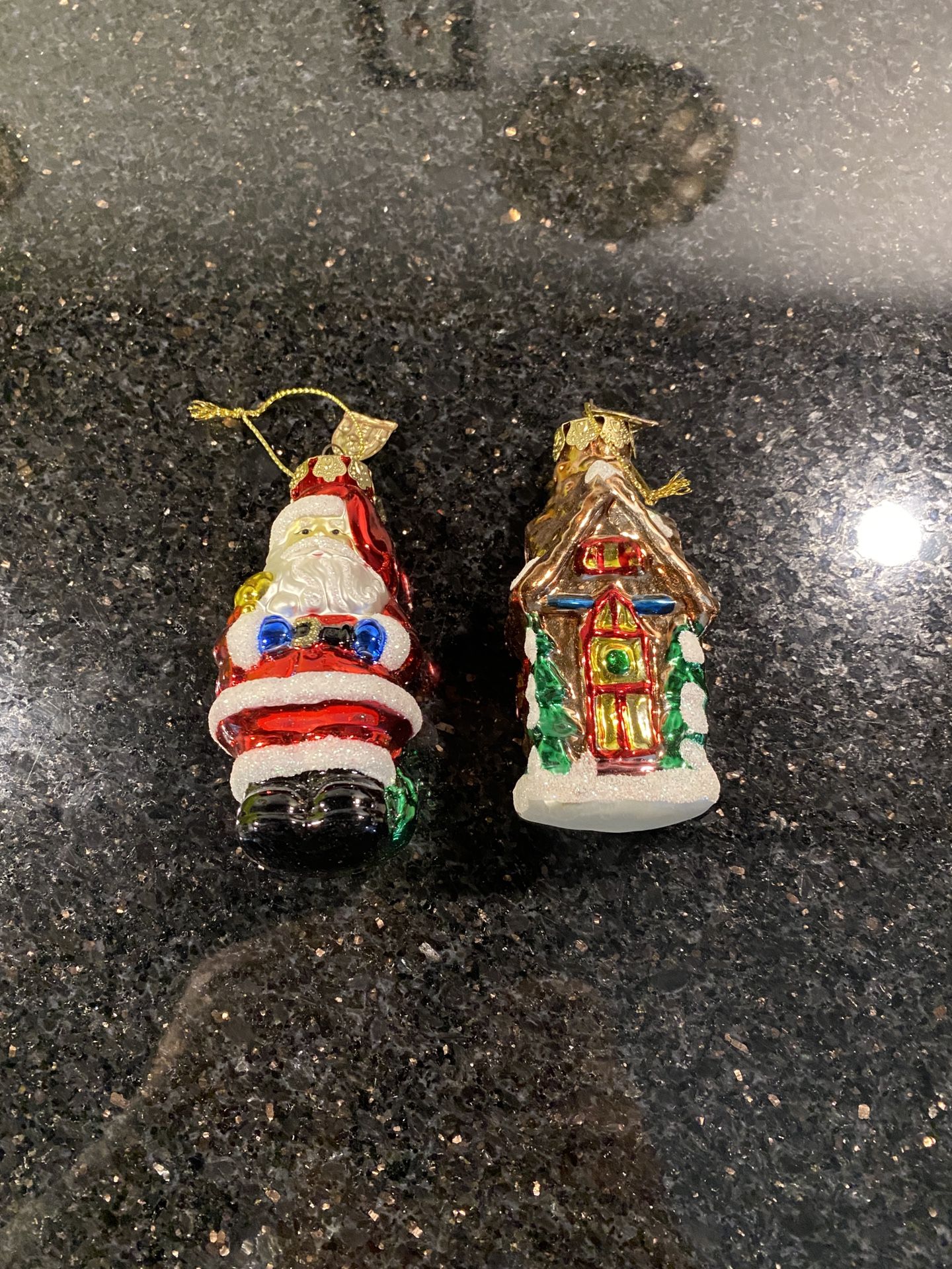 2 Glass Blown Christmas 4” Ornaments Santa Claus & Cabin