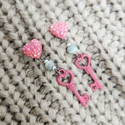 Handmade Girls Jewelry Pink Heart Light Blue Beads and Key Charm Earrings