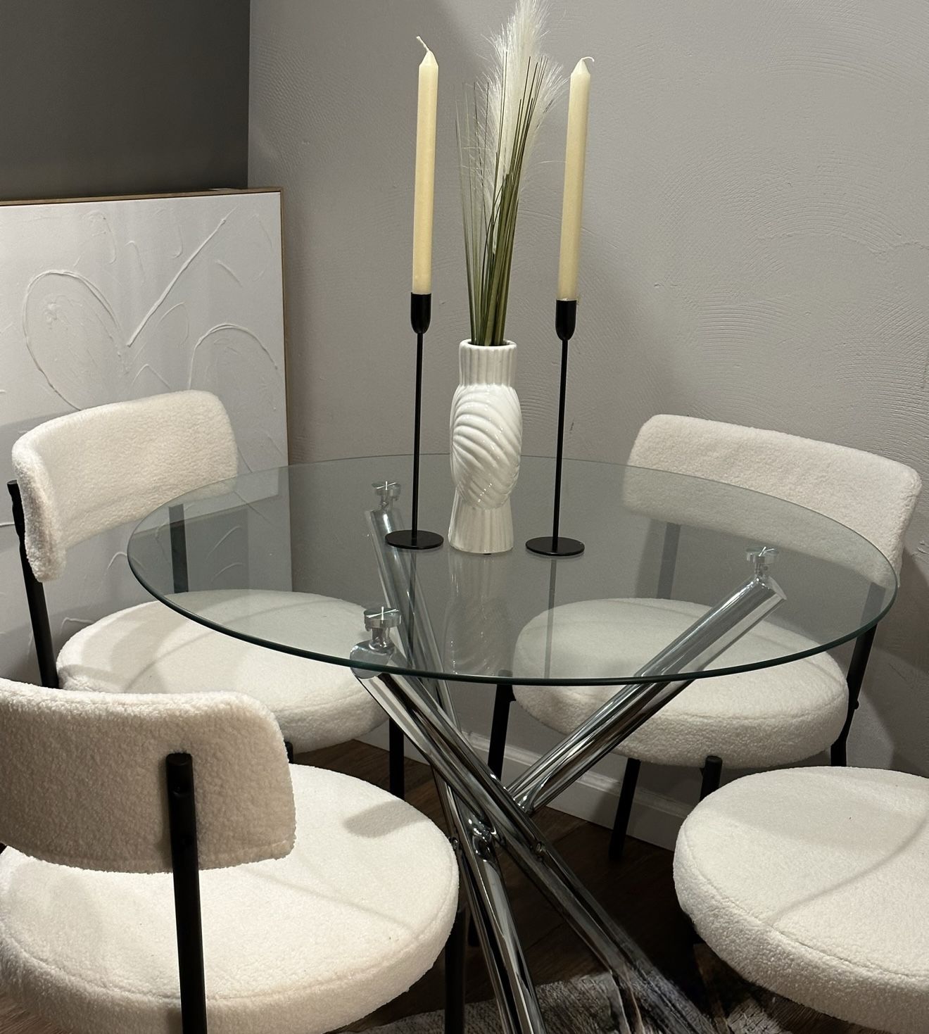 Small Modern round glass dining table with chrome base,