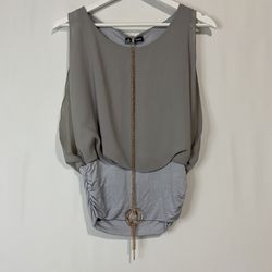 La Scala Women’s Sleeveless Ruched Blouse with Necklace Grey NWOT