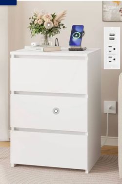 White nightstand with three drawers and power strip new
