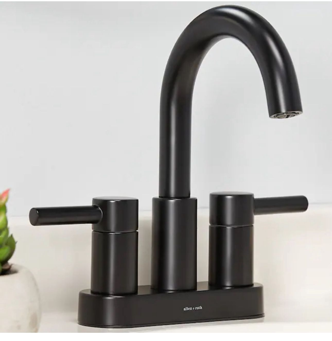 allen + roth Harlow Matte Black 4-in centerset 2-handle WaterSense High-arc Residential Handle Bathroom Sink Faucet with Drain with Deck Plate