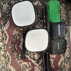 (2) Neewer Smart Metal LED Lights + (2) light diffusers + greenscreen + Poles