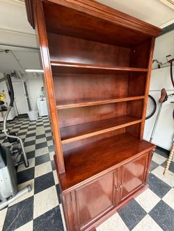 Solid Wood Bookshelf with Cabinet Storage – $80