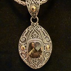 Genuine Bali Thick Solid 24 In Chain With 3 Inch Enhancer Solid 18 Karat Gold With Smoky Quartz