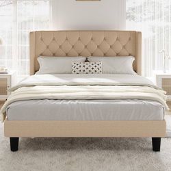 Queen Size Bed Frame with Button Tufted Wingback Headboard, Beige Modern Upholstered Platform Bed Frame, Strong Wood Slat Support, Under-Bed Storage S