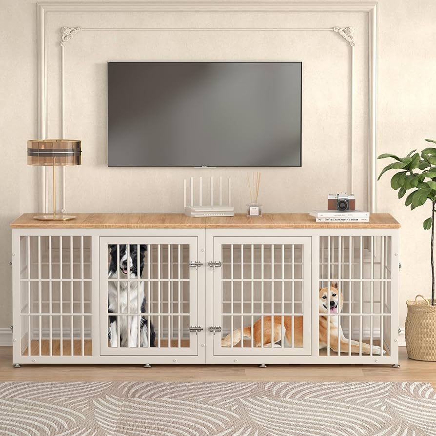 Rehomerance 78 Inch Double Dog Crate Furniture, Heavy Duty Extra Large Cage Furniture with Divider for 2 Dogs, Decorative Wooden Kennel Indoor, Pet Ho