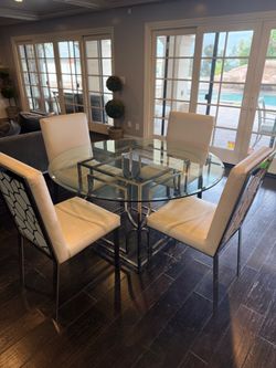 Set of 4 Dining Chairs- White Leather/Silver Metal