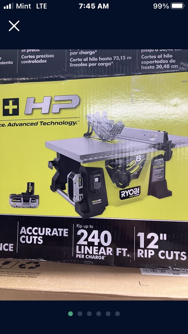 Ryobi One Plus Hp Table Saw Kit. 2 Batts And Charger Included