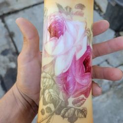 8" Vintage Hand Painted Milk Glass Vase Pink Roses Peony Floral Mom Shabby 