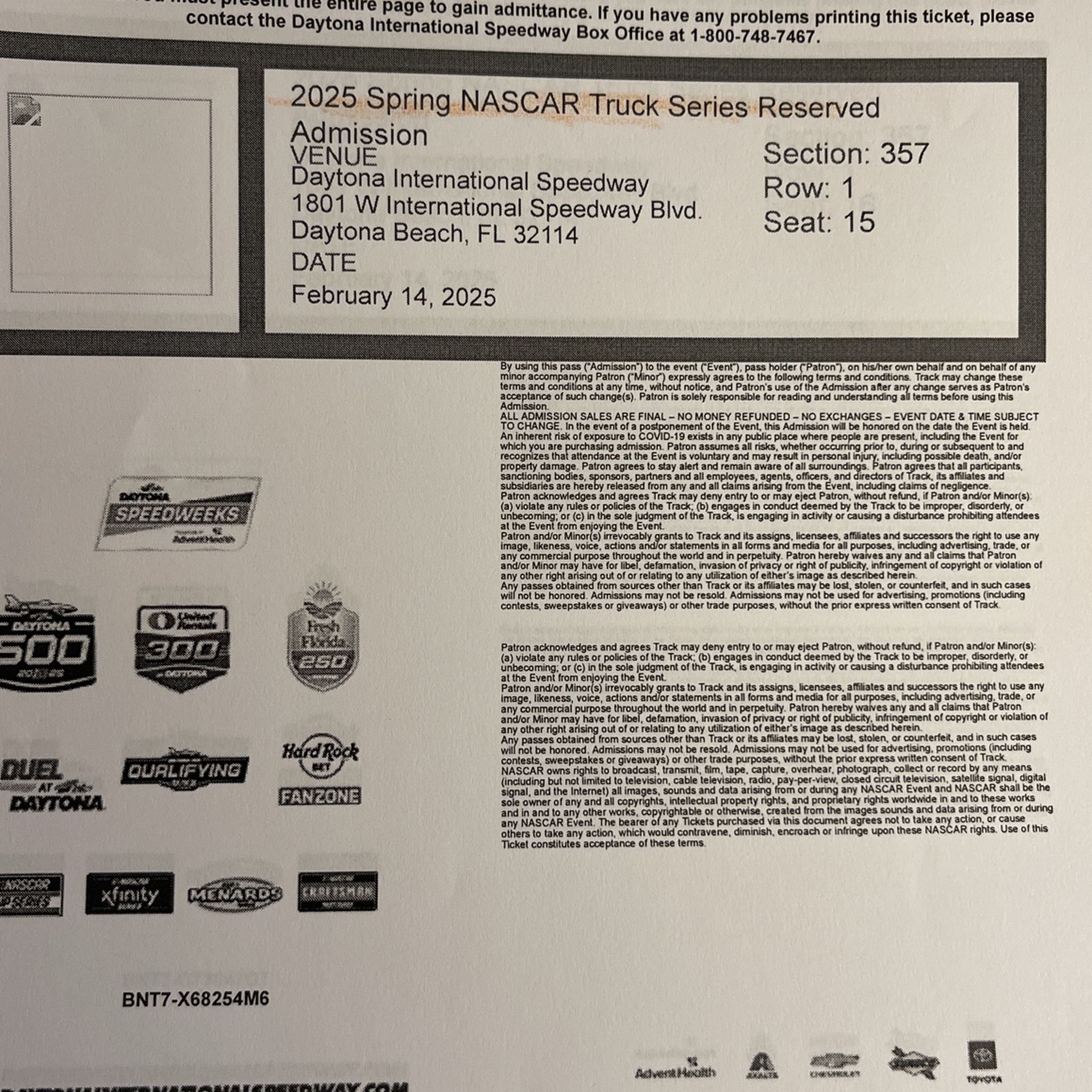 NASCAR Truck Series Reserved, February 14 Race