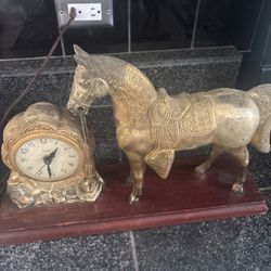 Vintage Brass And Wood Mantle Clock Western Theme Horse 