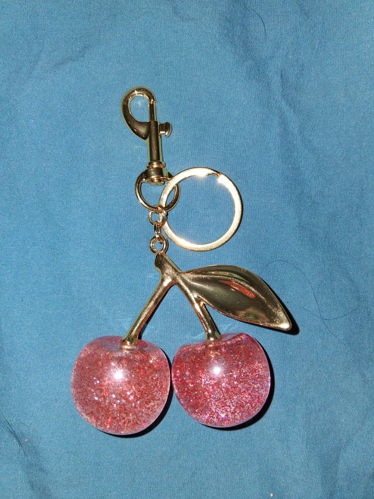 NEW PINK GLITTERY CHERRY KEYCHAIN , BAG CHARM. LARGE!