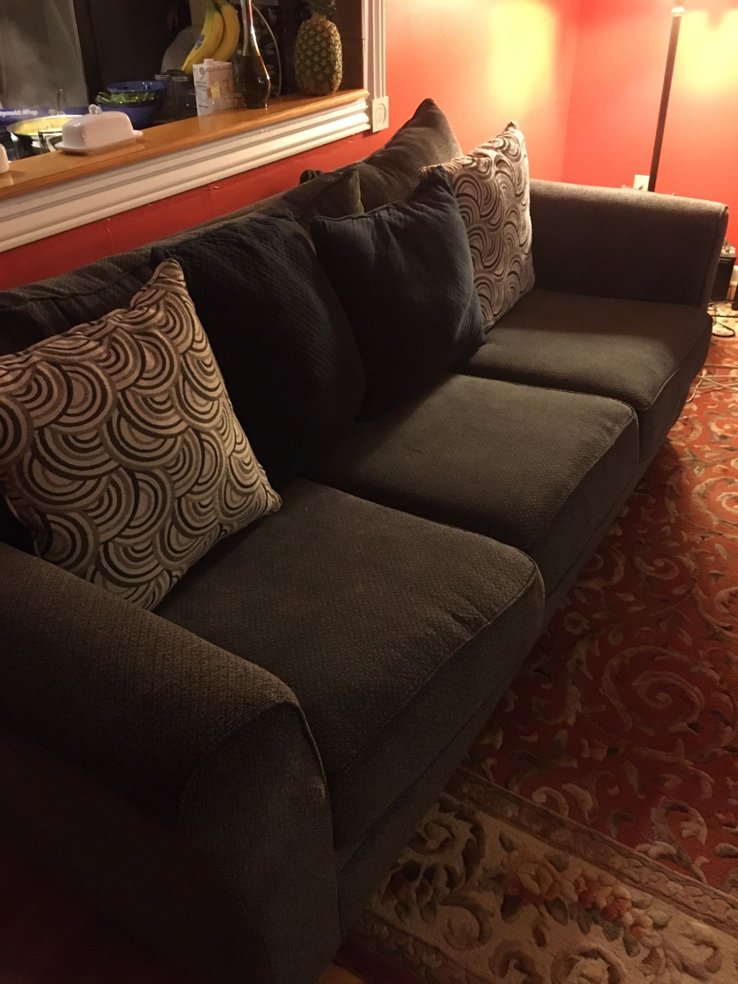 Sofa, love seat, chair, ottoman and seven throw pillows 1200 OBO Cash Only
