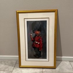 Framed artwork, lithograph print titled "The Queen's Guard" signed by Leighton-Jones, 21"x30"