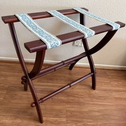 Vintage Bombay Company Mahogany Folding Luggage Rack Blue & Beige Jacquard Straps Suitcase Stand Hotel Guest Room