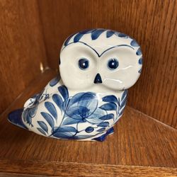 Blue and White Ceramic Owl Figurine
