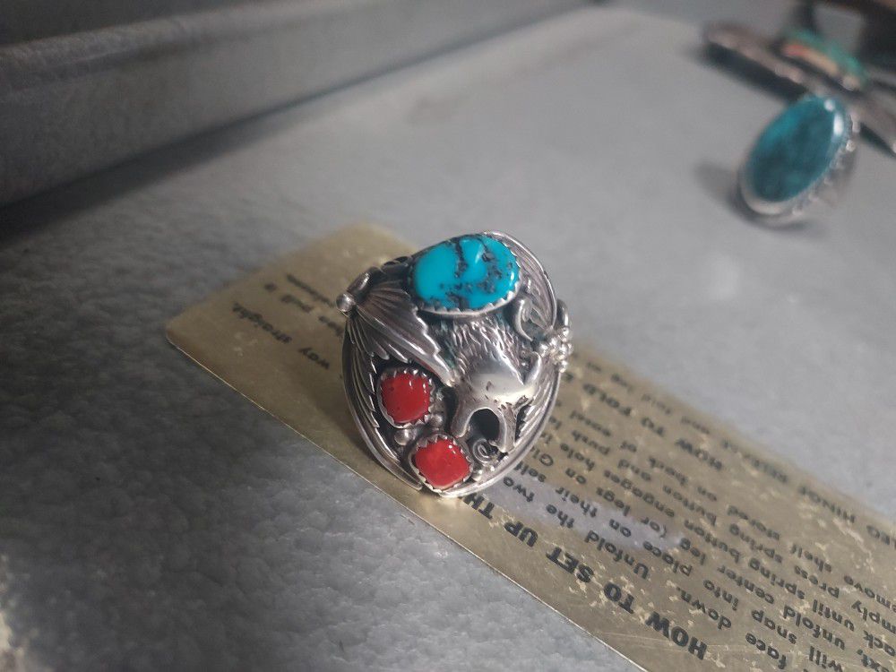 R.Spencer American Native Artist Ring Size 12 Sterling Turquoise, Red Coral