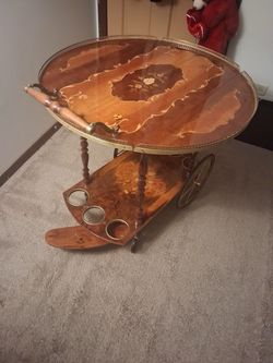 Italian Inlaid Wood Bar Cart with Brass Gallery