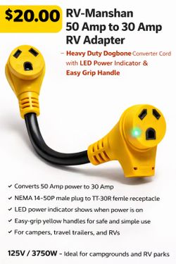 15A to 50A RV Power Adapter Cord – 12" Heavy Duty – New – $20 Each or All 3 for $55