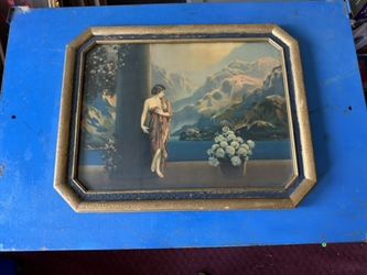 Antique 1920s Art Deco Print – Lady by Mountain Lake, Original Gold & Blue Frame