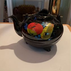 Vintage Redware Footed Farmhouse Teapot Black Hand Painted Fruit Design w/ Lid