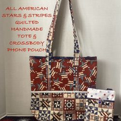 NEW STARS & STRIPES ALL AMERICAN QUILTED HANDMADE TOTE & CROSSBODY PHONE POUCH 